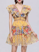 Boho Yellow Floral Printed Chiffon V-Neck Ruffled Summer Beach Mini Dress