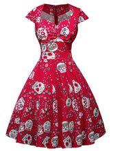 Halloween Red Skull Printed V Neck Vintage Dress