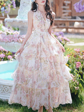 Pink Floral Print Halter Neck Backless Vintage Dress