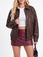 Dark Brown Contrast Stitch Faux Leather Bomber Jacket