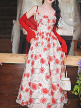 2PS Red Rose Spaghetti Strap 1950S Vintage Dress