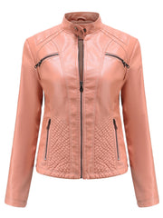 Pink Long Sleeve PU Leather Motorcycle Jacket For Women