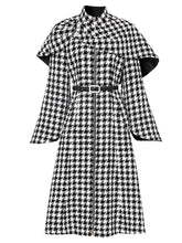 2PS Stand Collar Flared Sleeve Houndstooth Wool Coat