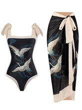 Black Crane Print Flower Strap One Piece