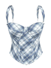 Blue Plaid Corset Top - Vintage Tartan Boned Spaghetti Strap Bustier