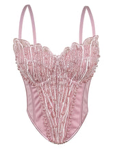 Pink Pearl Beaded Corset Top - Sequined Embroidery Spaghetti Strap Bustier