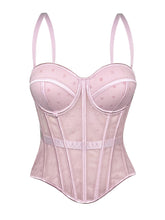 Pink Polka Dot Mesh Corset Top - Sheer Boned Spaghetti Strap Bustier