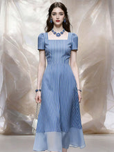 1950s Retro Square Neck Blue Pinstripe Swing Dress