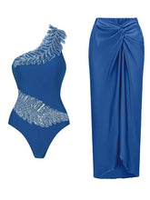 Royal Blue One Shoulder Beaded Feather One Piece Monokini