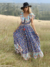 Summer Boho Dress Floral Printed V Elastic Band Collar Beach Maxi Dress