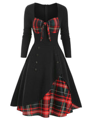 1950S Bow Heart Collar Plaid Long Sleeve Swing Dress
