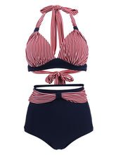 Concise Backless Retro Style Striated Two Pieces Bikini Bathing Suit