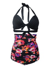 Black Floral Print Halter Backless Retro Style Binikis Swimwear Bathing Suit