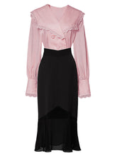 2PS Pink V Neck Navy Sweet Style Shirt And Black Mermaid Skirt Suit