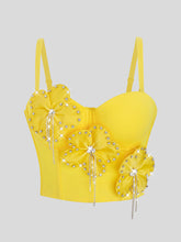 Yellow Rhinestone Flower Corset Top Vintage Style Strappy Bustier