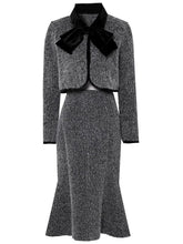 2PS Grey Bow Tweed Fabric Top And Fishtail Skirt Suit