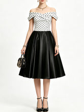 1950s Vintage Off Shoulder Polka Dot Swing Dress | Black and White Midi