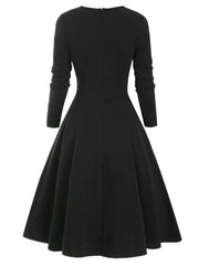 1950S Bow Heart Collar Plaid Long Sleeve Swing Dress