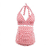 Retro Style Pink Plaid Halter Backless High-Waisted Bikini Set