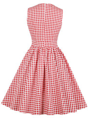 1950s V Neck Red Plaid Vintage Dress