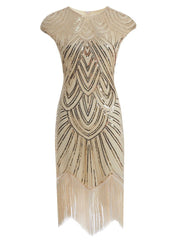1920s Champagne Fringed Sequined Flapper 1920s Great Gatsby Dress