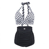 Vintage-Inspired Black Plaid Halter High-Waisted Bikini Set