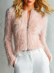 Versatile Long-Sleeve Fuzzy Zip-Up Top
