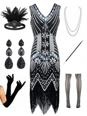 1920s Sequined Fringed Gatsby Flapper Dress Set