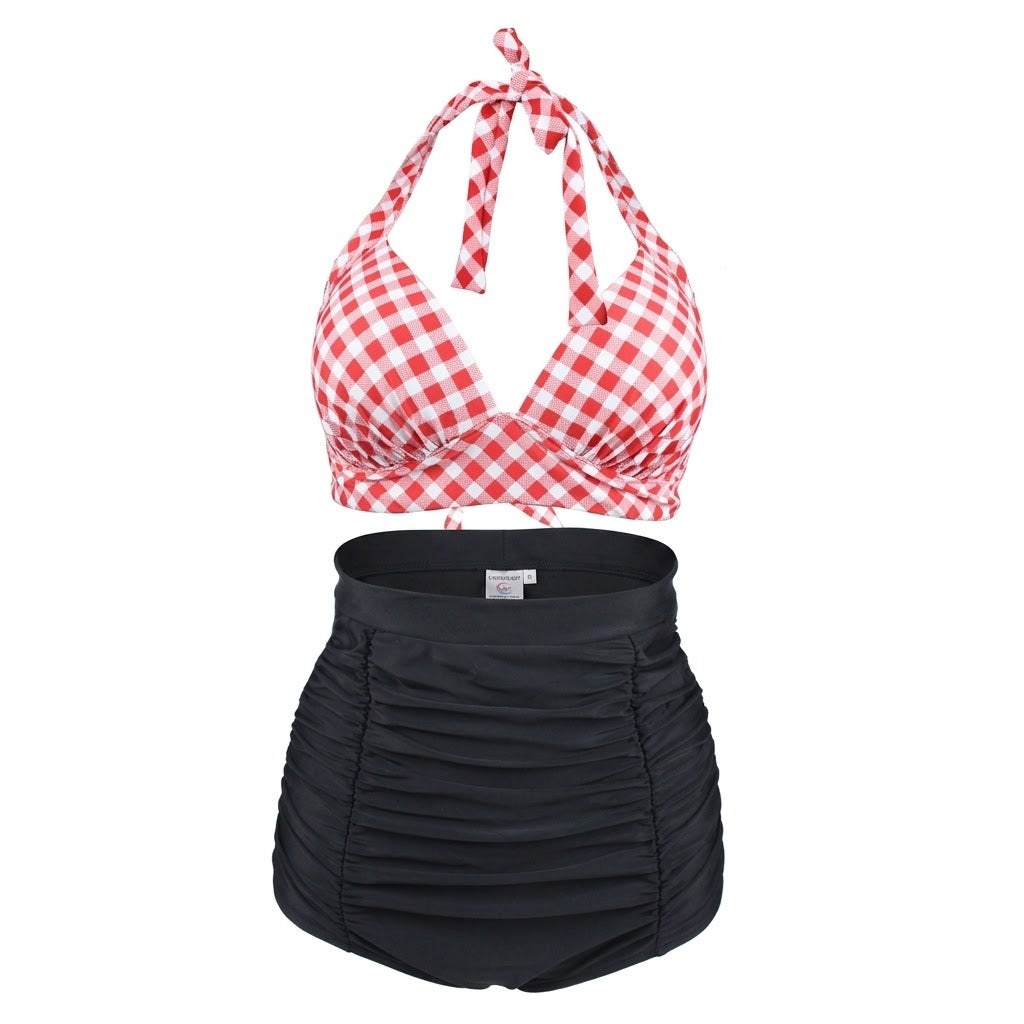 Vintage-Inspired Black Plaid Halter High-Waisted Bikini Set