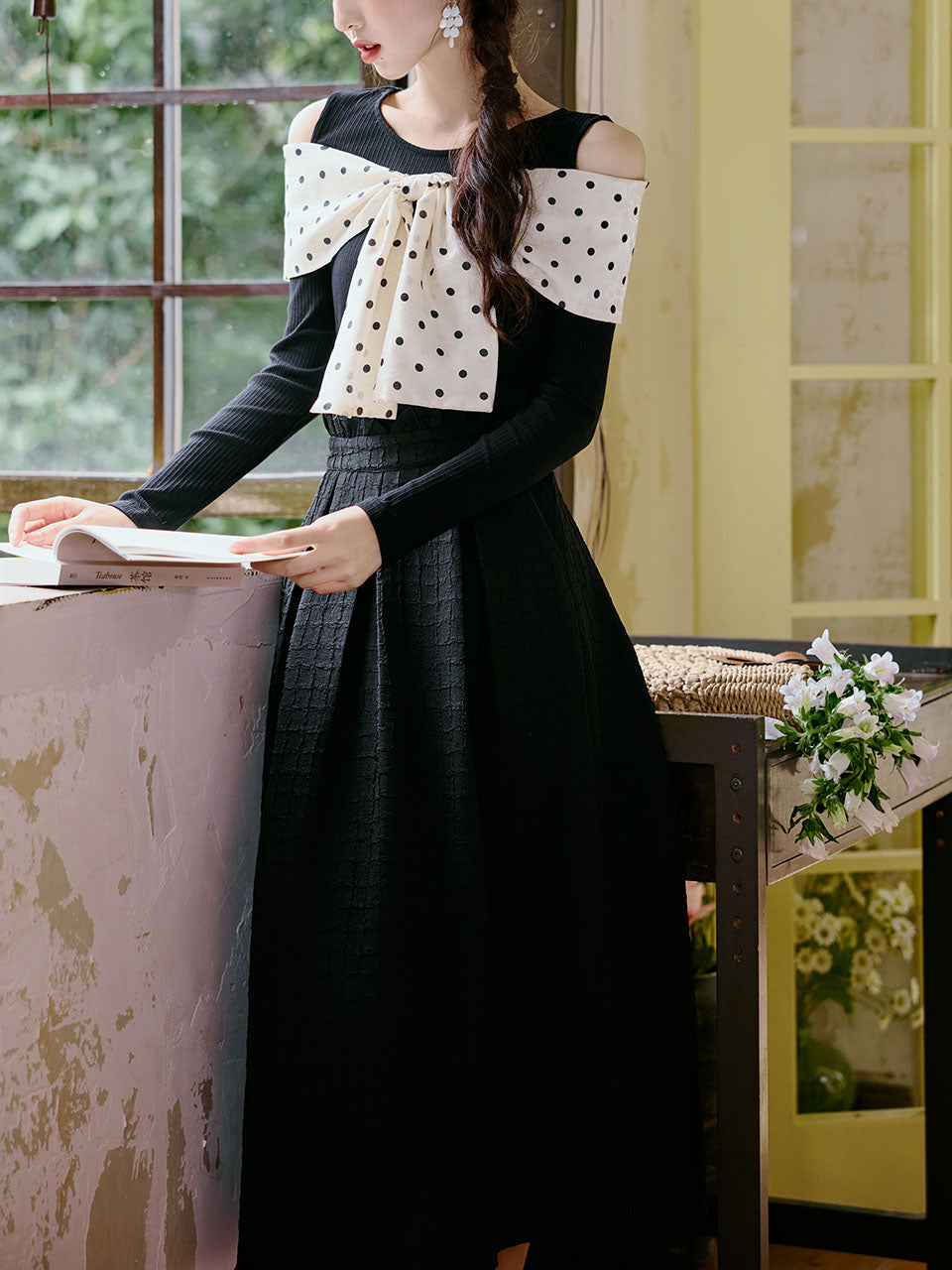 Retro Polka Dot Bow Top and Black Skirt 1950s Vintage Suit
