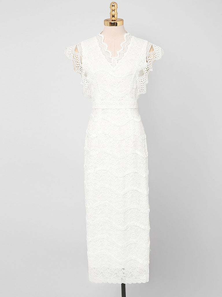 White V-Neck Lace Midi Vintage Wedding Dress