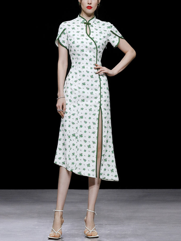 Petal Sleeve Fishtail Slit Print Cheongsam Dress