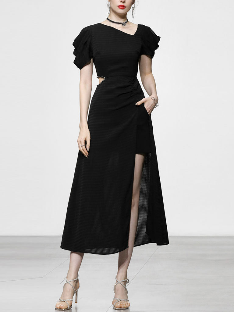 1960S Asymmetric Neck Waist Cutout Slit Party Dress