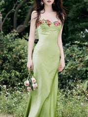 1930S Green Flower Embroidered Lace Angel Spaghetti Strap Satin Dress