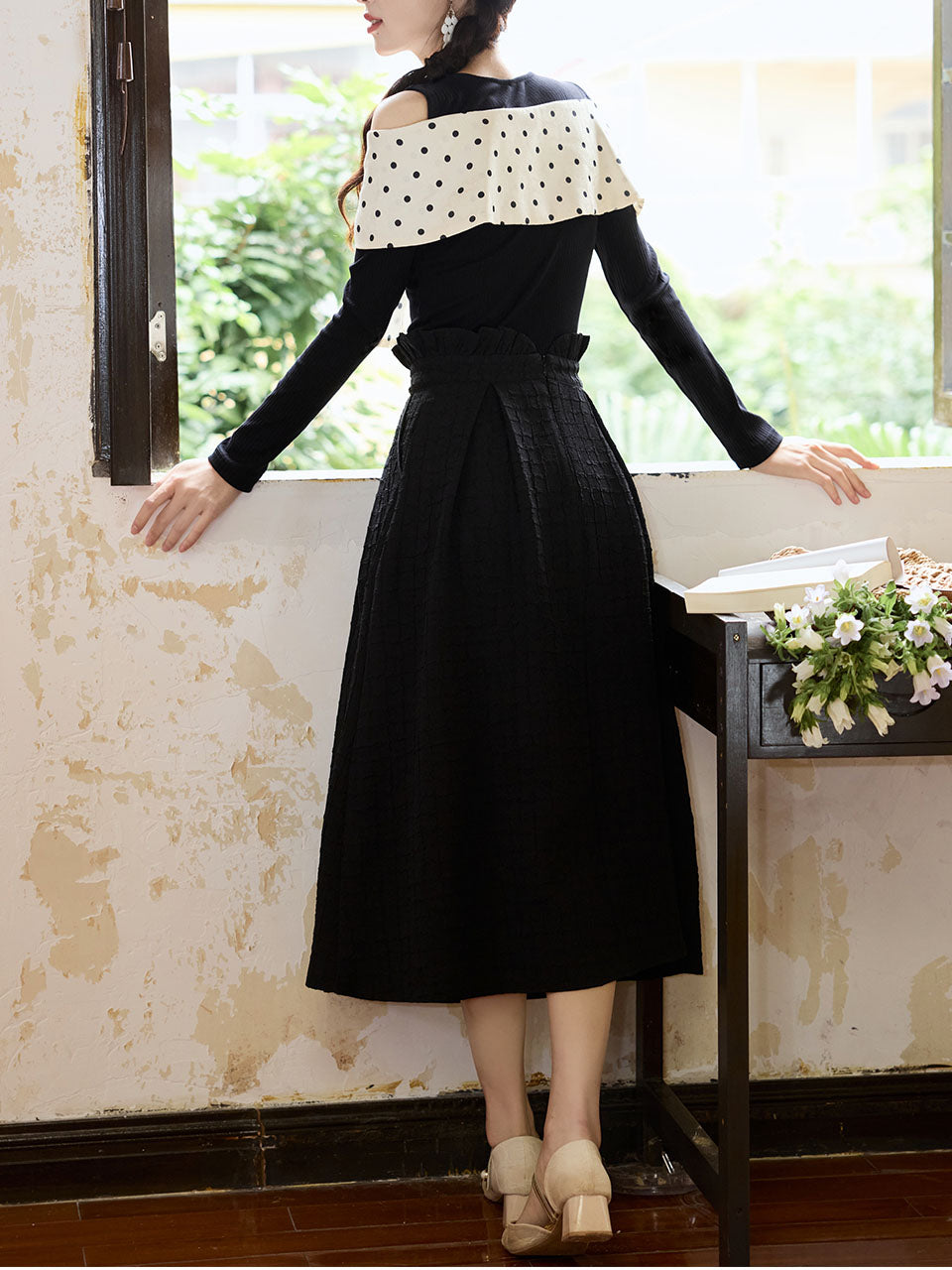 Retro Polka Dot Bow Top and Black Skirt 1950s Vintage Suit