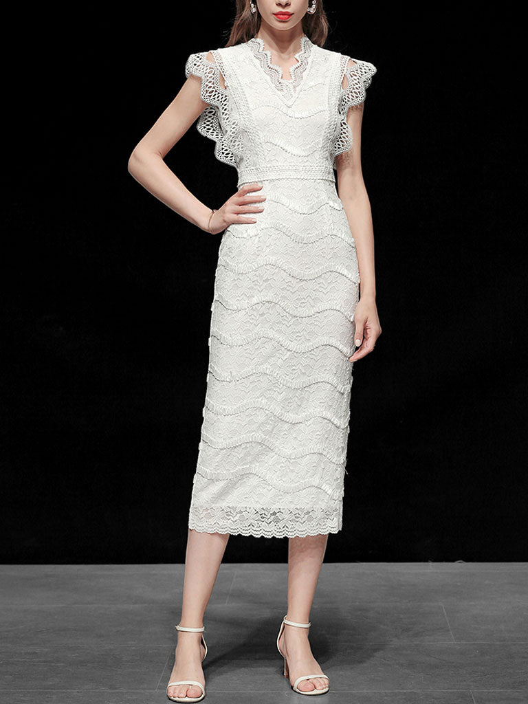 White V-Neck Lace Midi Vintage Wedding Dress