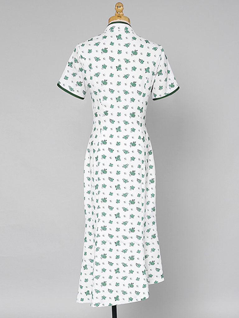 Petal Sleeve Fishtail Slit Print Cheongsam Dress