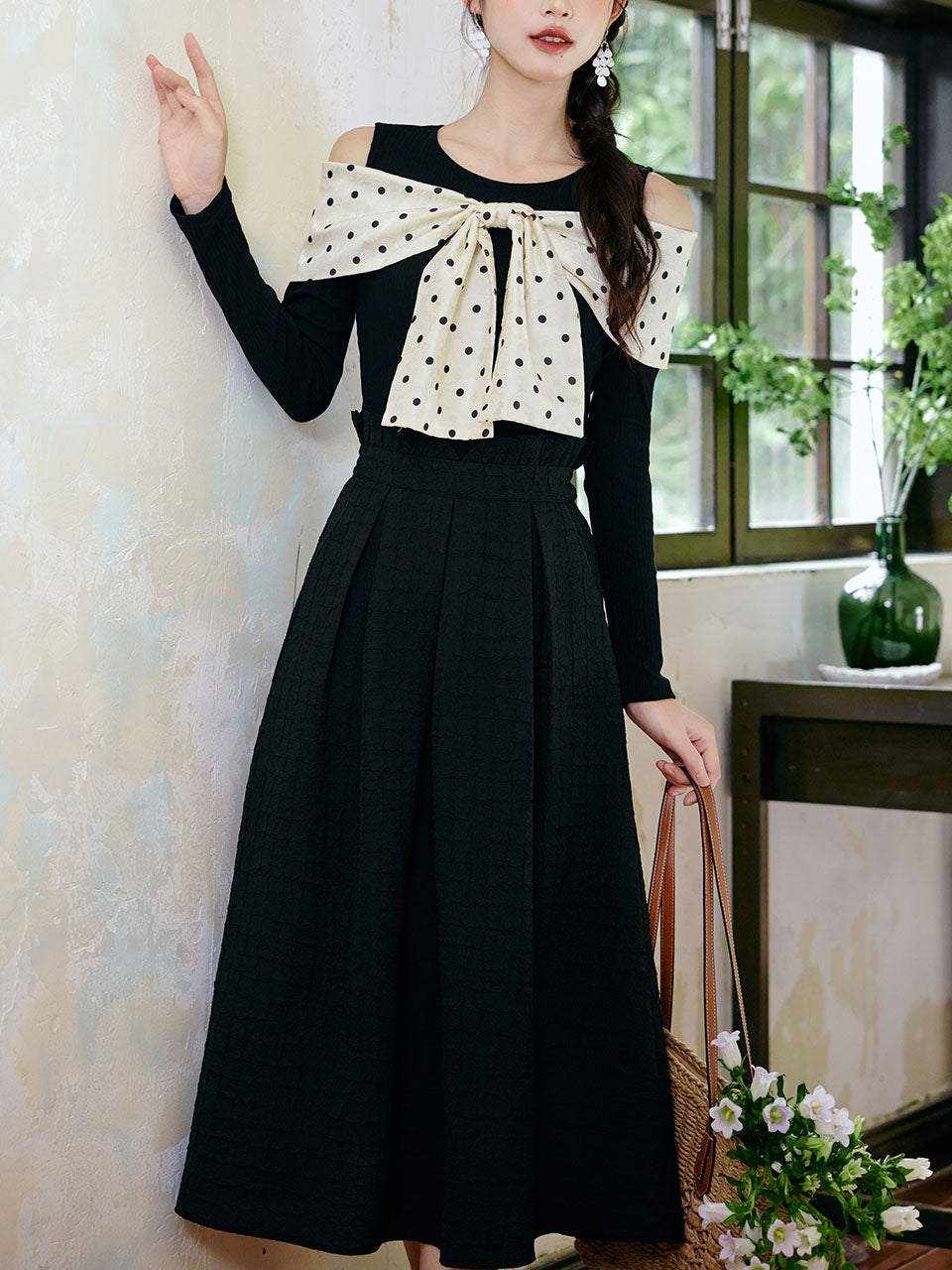 Retro Polka Dot Bow Top and Black Skirt 1950s Vintage Suit