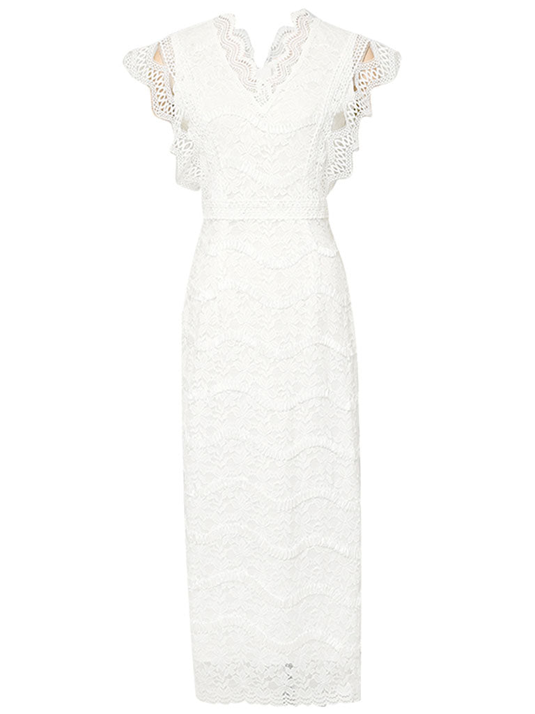 White V-Neck Lace Midi Vintage Wedding Dress