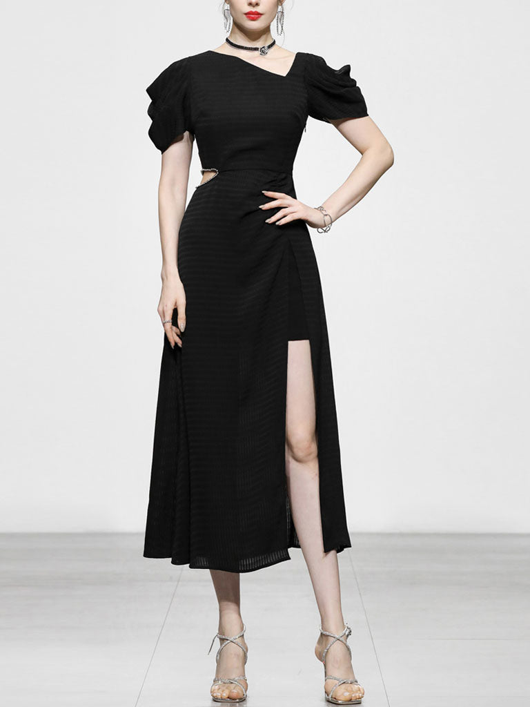 1960S Asymmetric Neck Waist Cutout Slit Party Dress