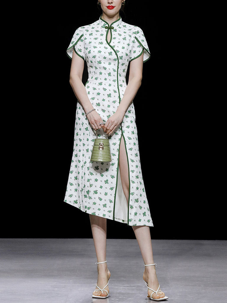 Petal Sleeve Fishtail Slit Print Cheongsam Dress