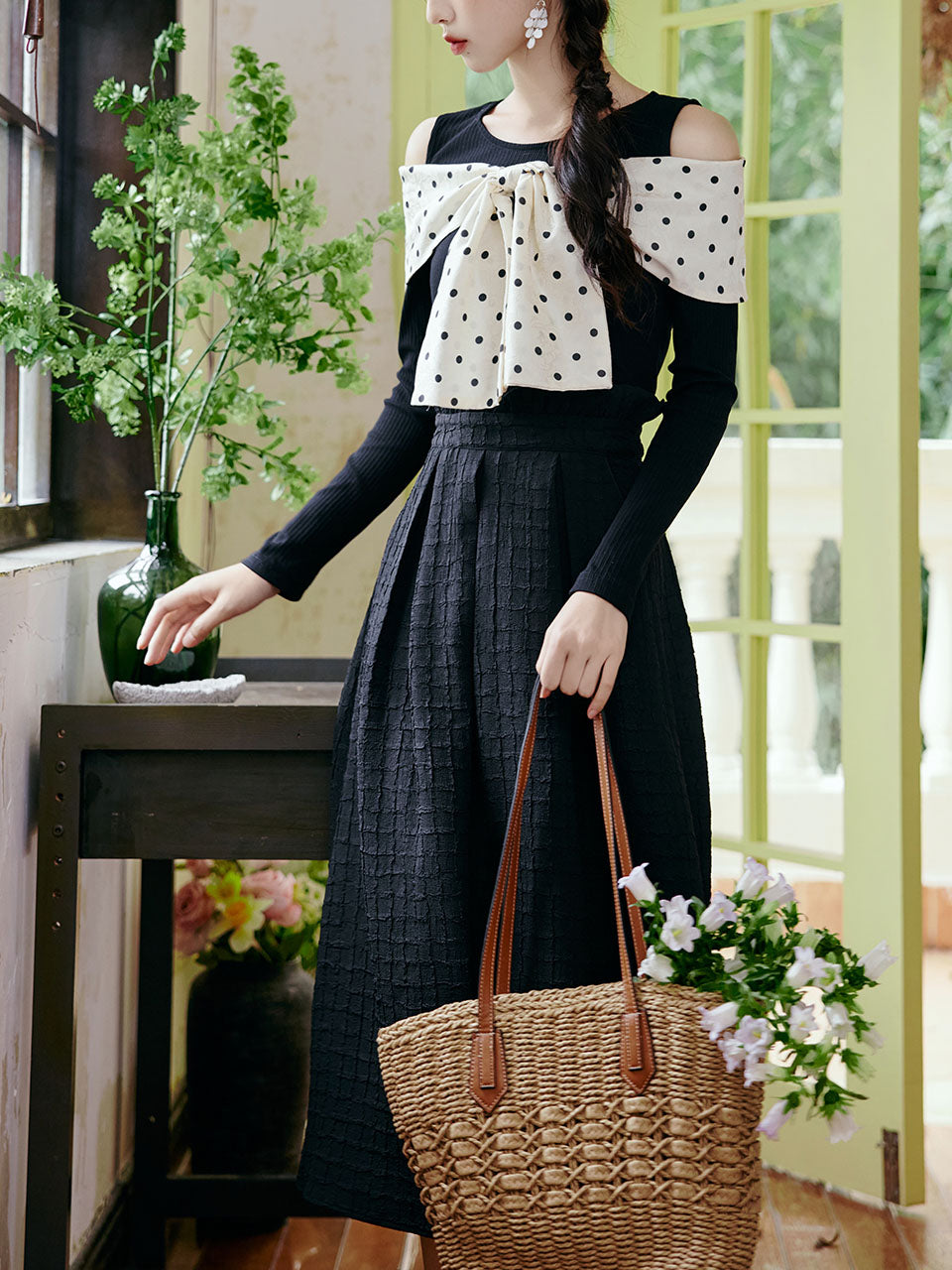 Retro Polka Dot Bow Top and Black Skirt 1950s Vintage Suit
