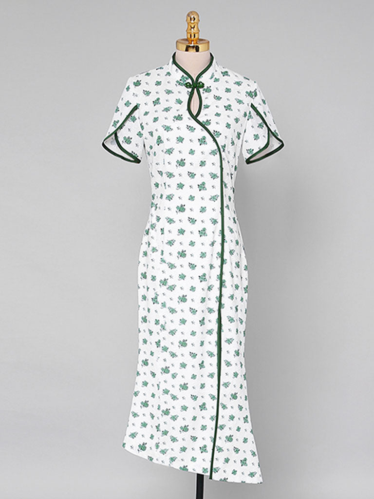 Petal Sleeve Fishtail Slit Print Cheongsam Dress