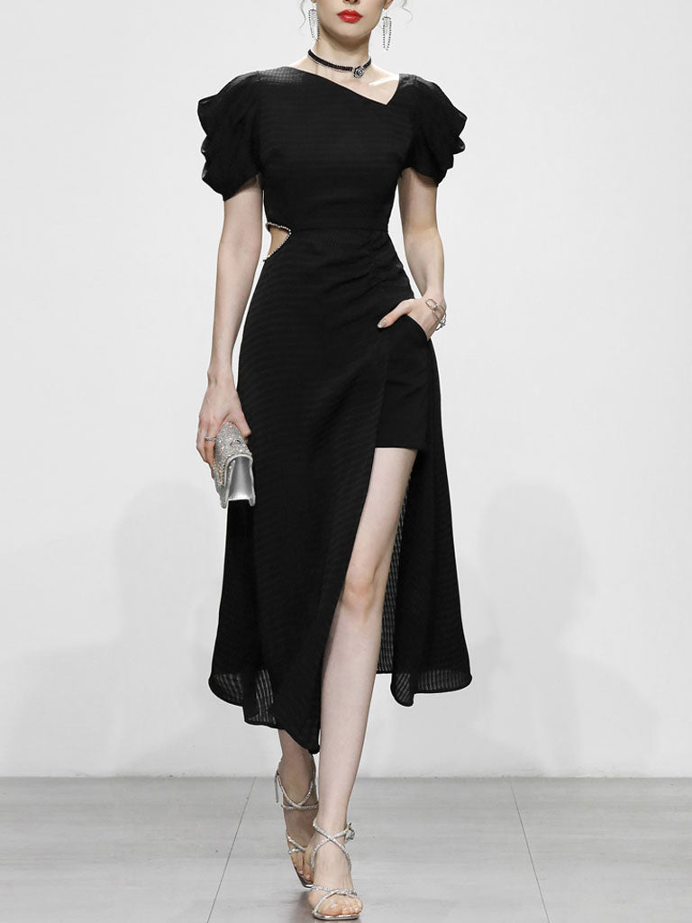 1960S Asymmetric Neck Waist Cutout Slit Party Dress