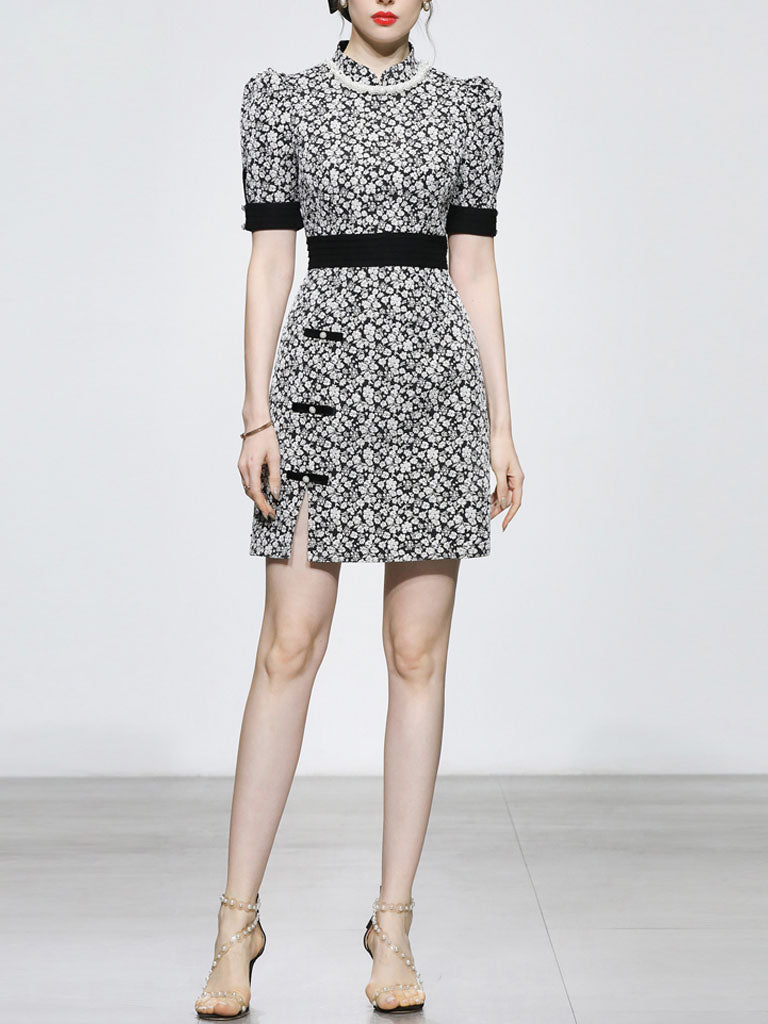 Black Jacquard Vintage Style Mini Cheongsam Dress