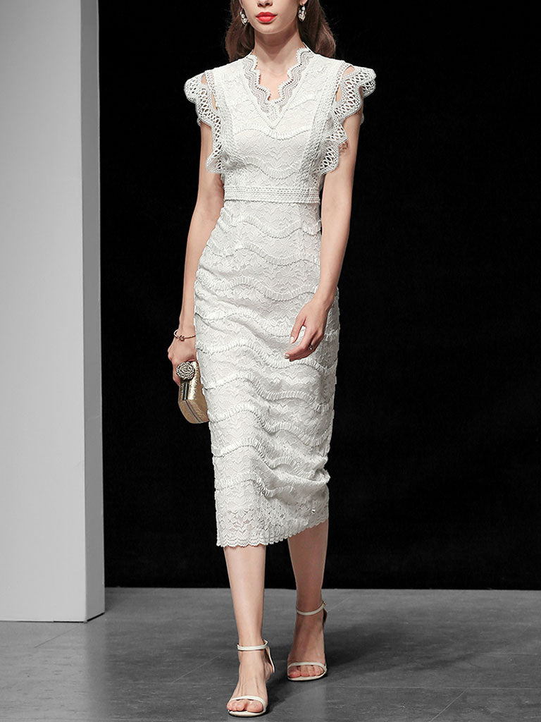 White V-Neck Lace Midi Vintage Wedding Dress