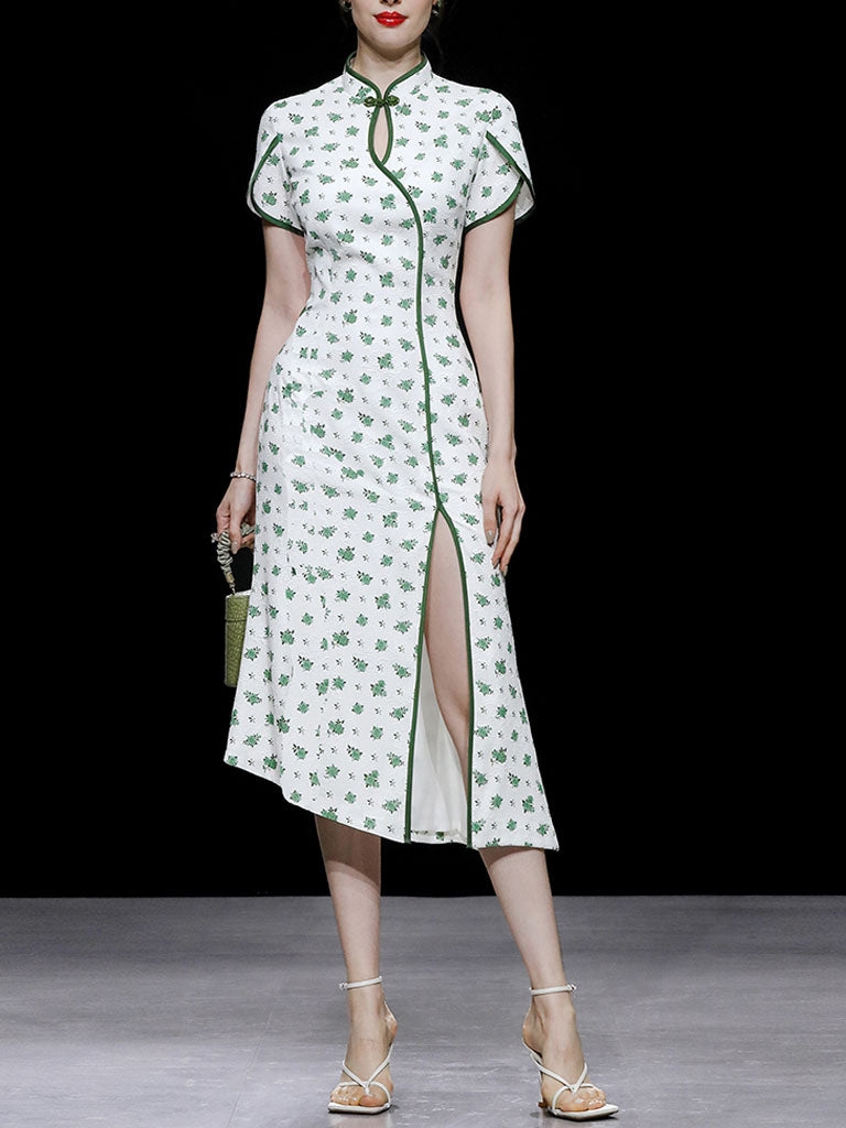 Petal Sleeve Fishtail Slit Print Cheongsam Dress