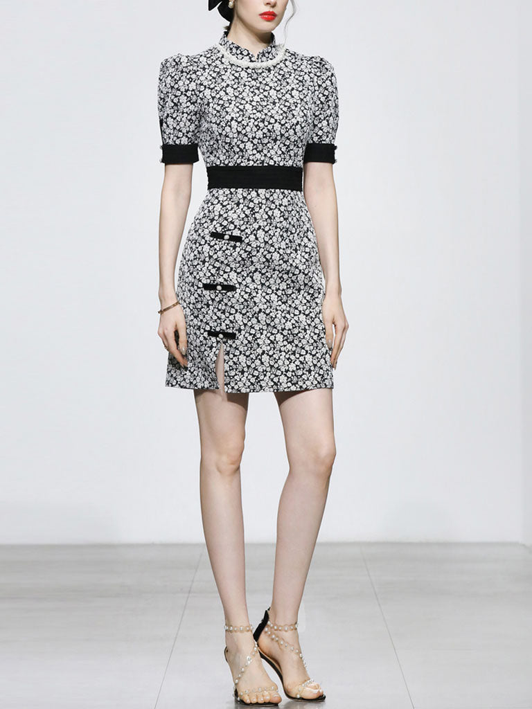 Black Jacquard Vintage Style Mini Cheongsam Dress