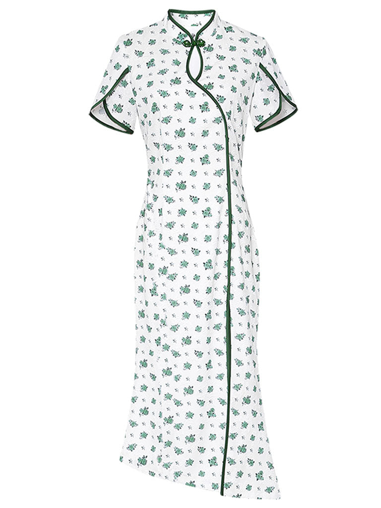 Petal Sleeve Fishtail Slit Print Cheongsam Dress