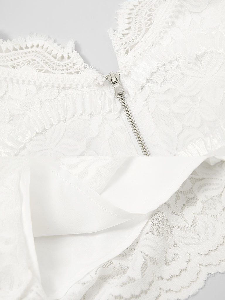 White V-Neck Lace Midi Vintage Wedding Dress